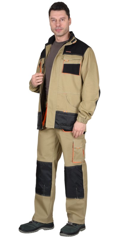 Костюм МАНХЕТТЕН: длинная куртка, брюки, песочный с оранжевым и черным