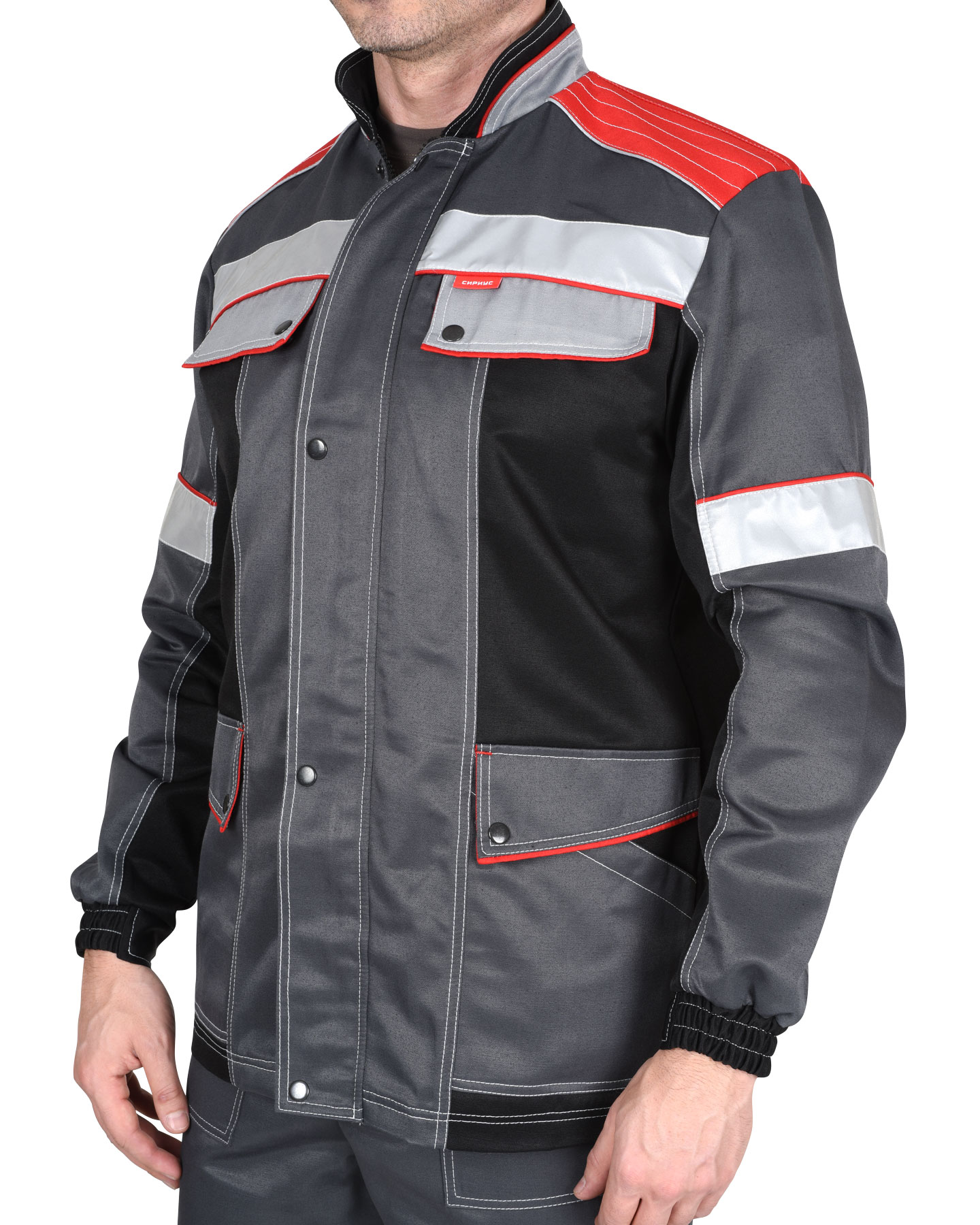 Костюм ПОЛИНОМ:куртка длин., брюки, т-серый со св-серым ,черным и красным СОП 50мм