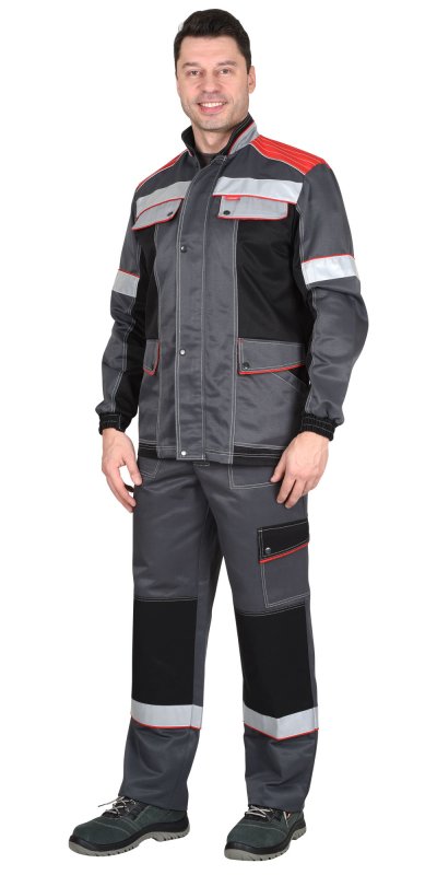 Костюм ПОЛИНОМ:куртка длин., брюки, т-серый со св-серым ,черным и красным СОП 50мм