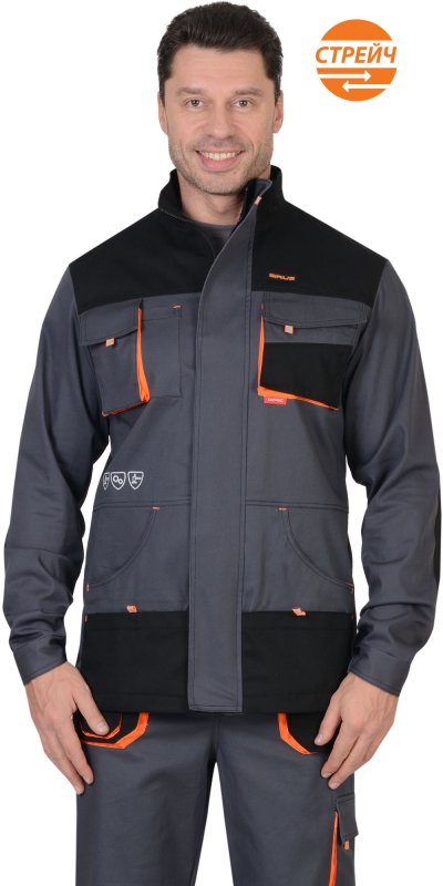 Куртка МАНХЕТТЕН длинная темно-серая с оранжевым и черным