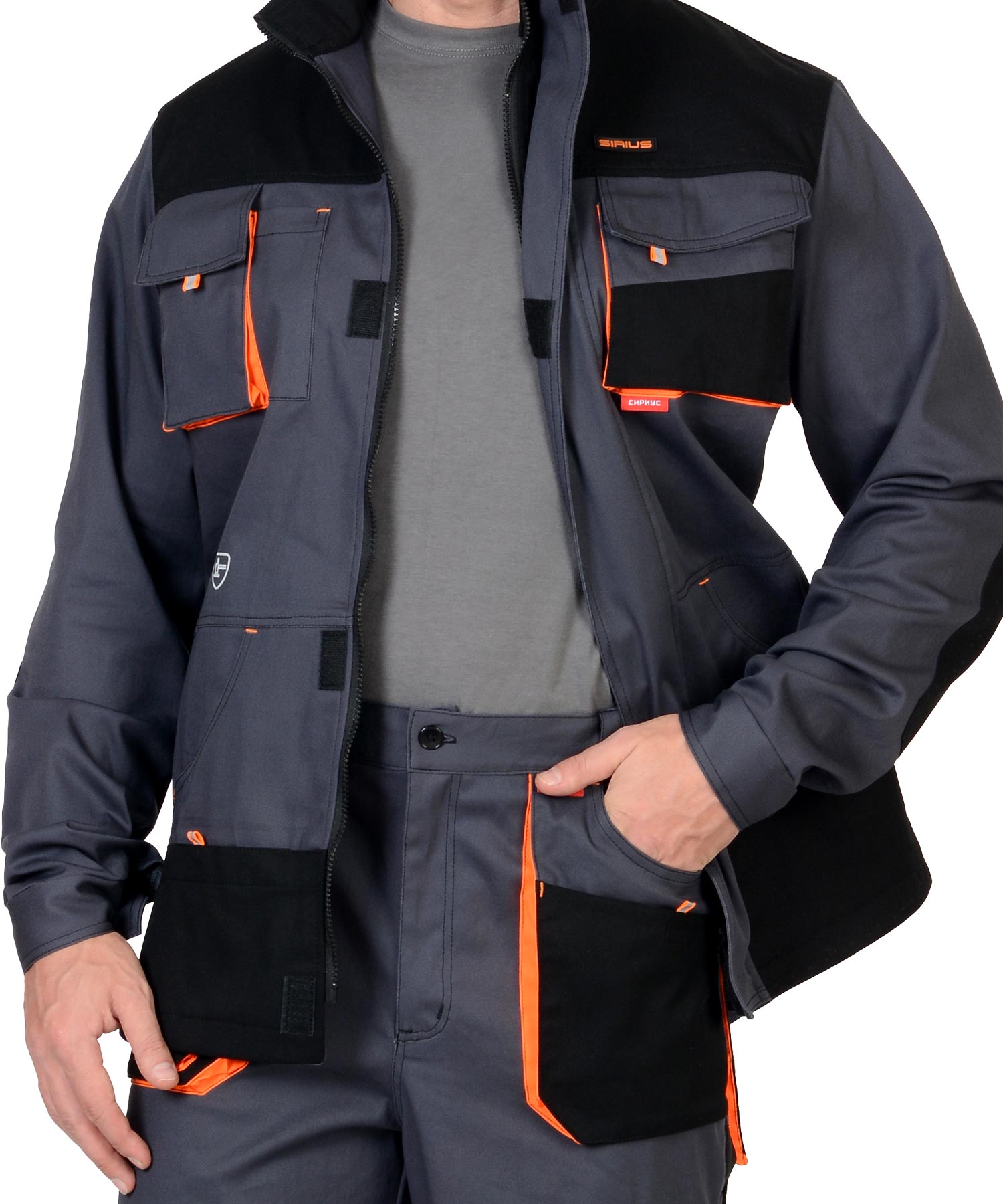 Костюм МАНХЕТТЕН: длинная куртка, брюки, т.серый с оранжевым и черным